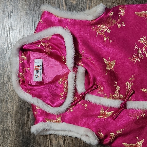 Gently Loved girls vest Asian style made by Xing Mao size 6 Pink and Gold w/ Fur - Picture 3 of 7